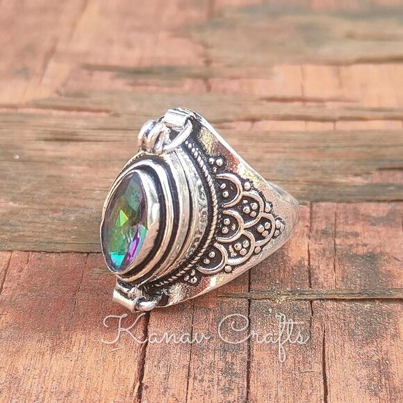 Mystic Topaz Secret Stash Poison Box Ring - Unisex 6 Silver Plated Jewelry - Picture 9 of 9